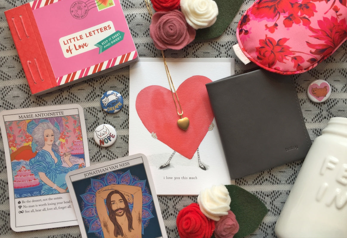 Flat lay of Valentine's Day gift ideas for everyone on your list, available at Scout in Toronto or online